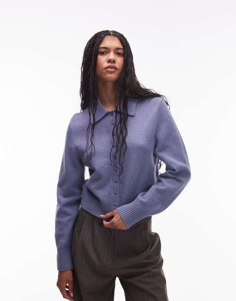 & Other Stories knitted cardigan with collar and button front in blue melange