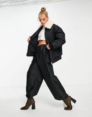 Other Stories &  Nylon Bomber Jacket With Faux Fur Collar In Black