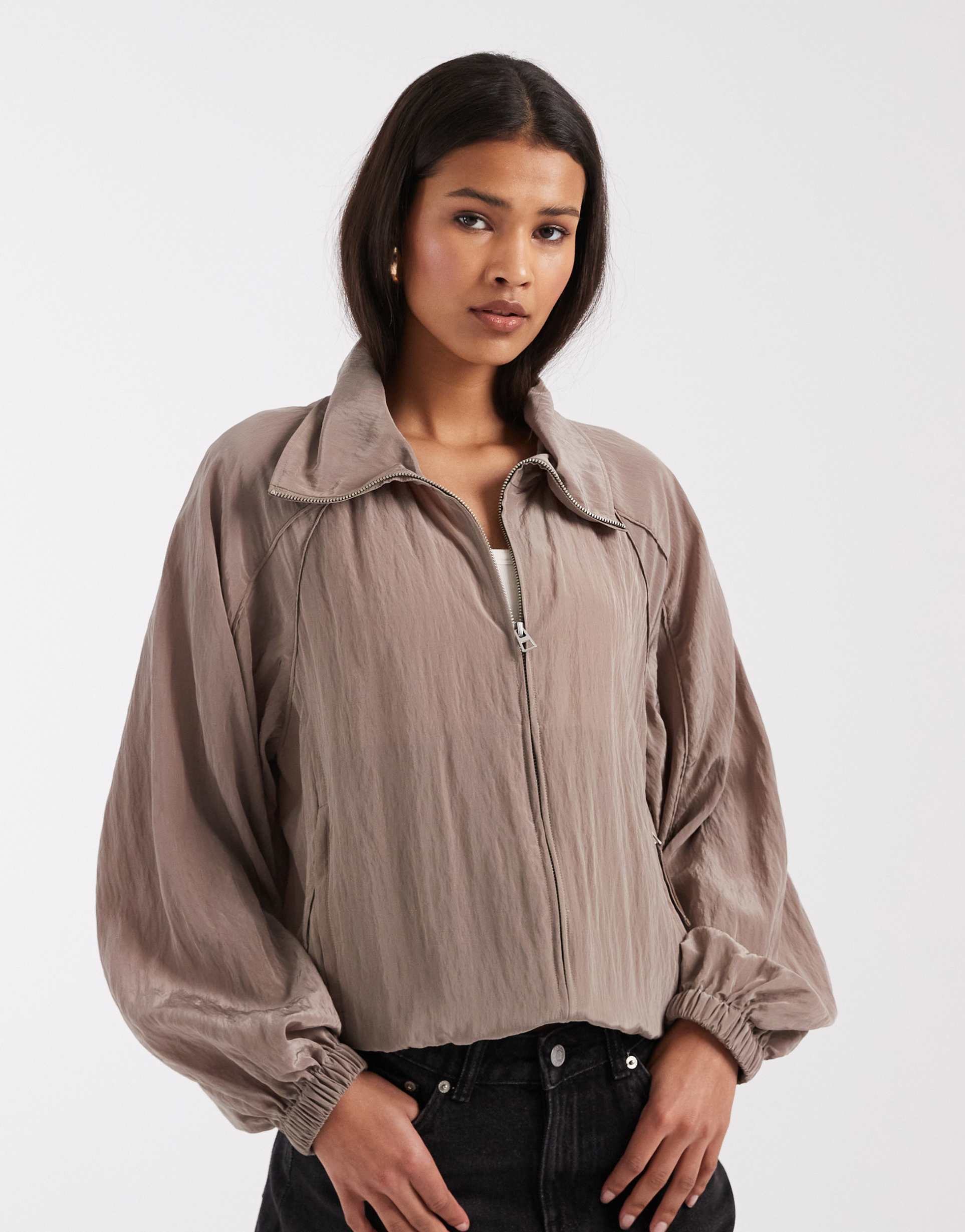 & other stories nylon short bomber jacket with waist pleat detail in mole