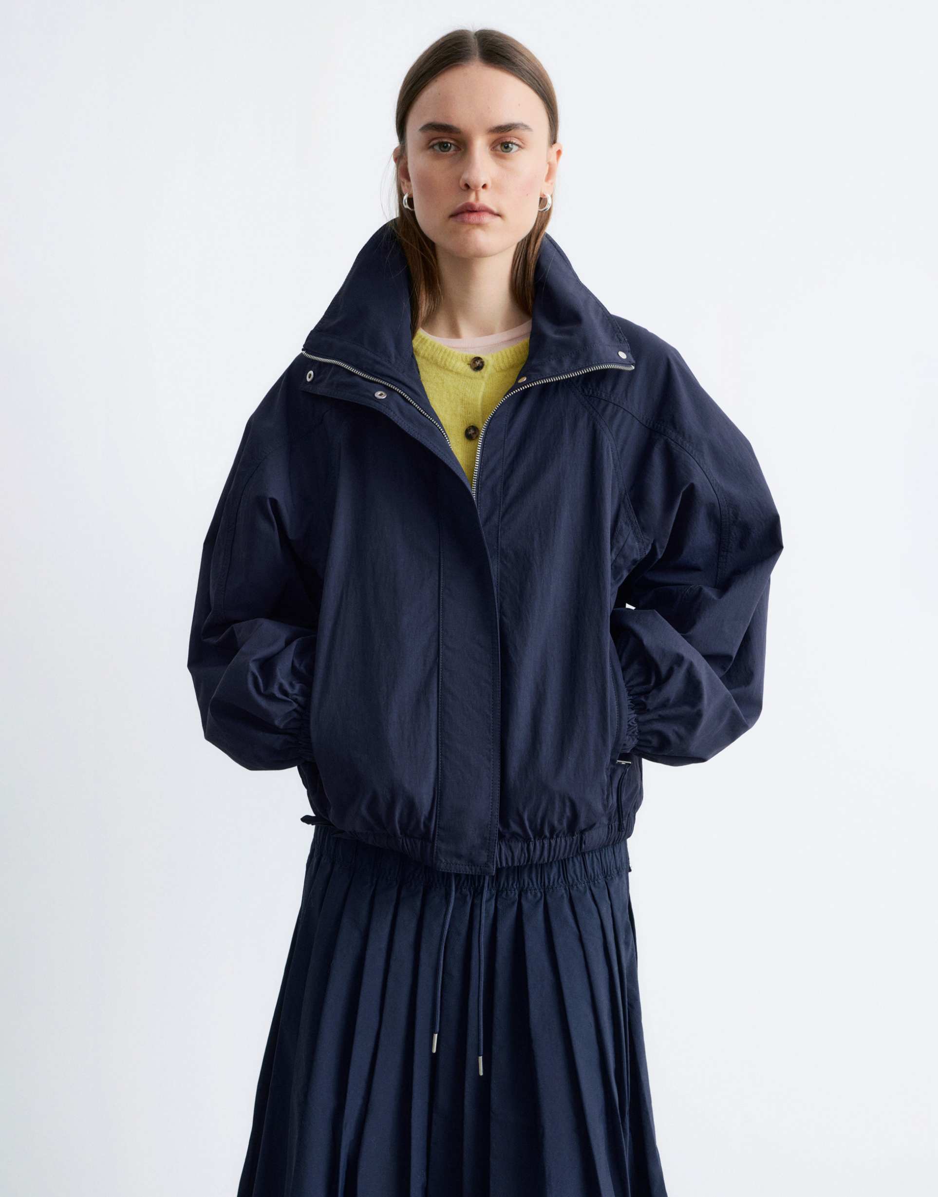 & other stories nylon short bomber jacket with waist pleat detail in navy