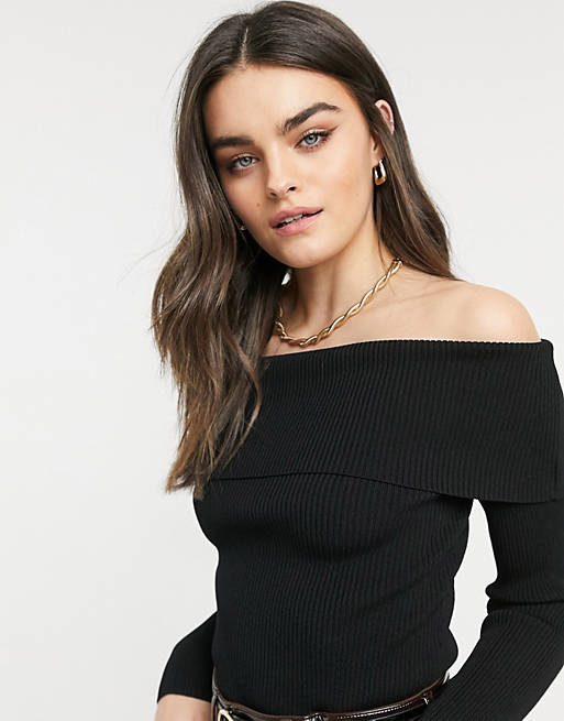 & Other Stories off shoulder knitted long sleeve top in black