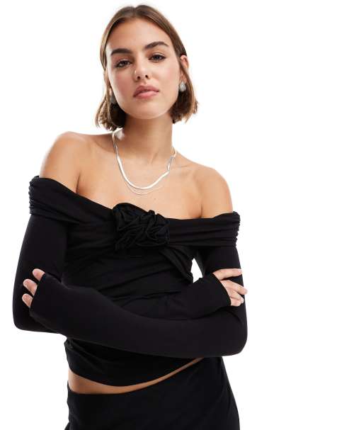 & Other Stories off shoulder long sleeve top with front corsage in black - view 1