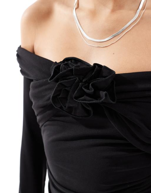 & Other Stories off-shoulder long sleeve top with front corsage in black, 2 of 4