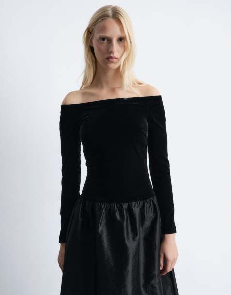 & Other Stories off shoulder maxi dress with peplum hem in black mixed velvet and satin fabric - view 1
