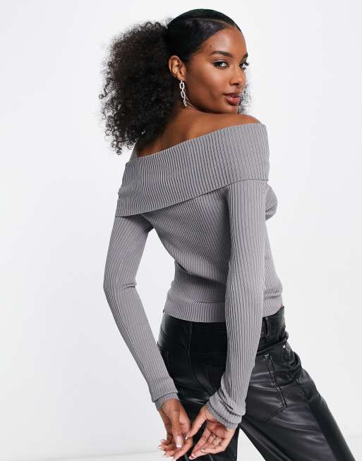  Other Stories off shoulder ribbed sweater in silver