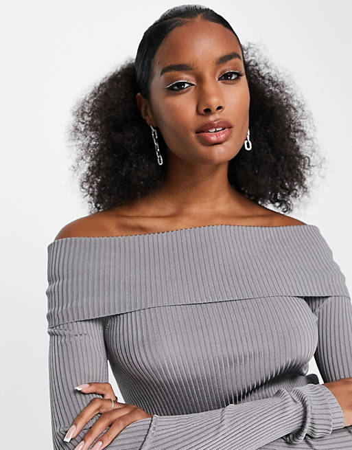  Other Stories off shoulder ribbed sweater in silver