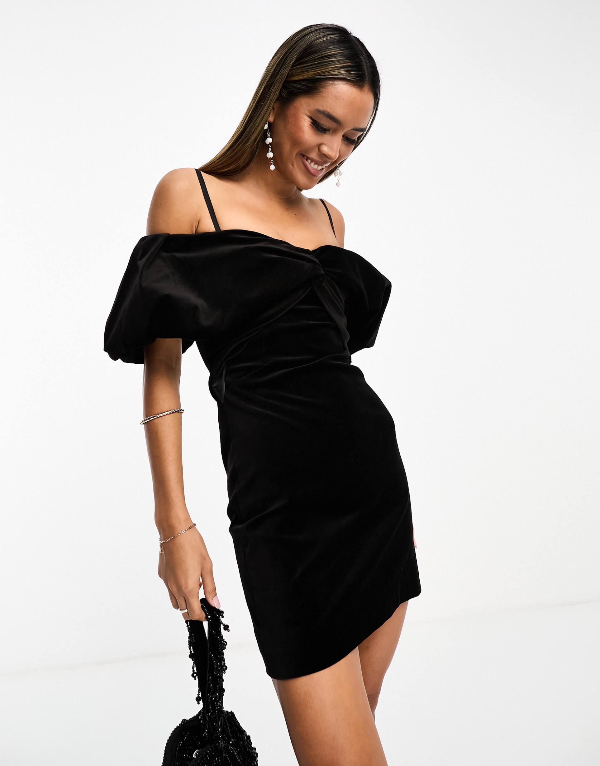 & other stories off-shoulder velvet mini dress in black