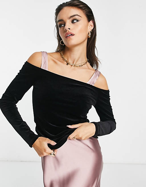 & Other Stories off the shoulder long sleeve top in black