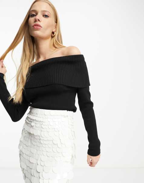 & Other Stories off the shoulder ribbed knitted top in black - view 1