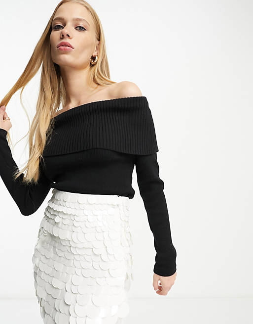 & Other Stories off the shoulder ribbed knitted top in black
