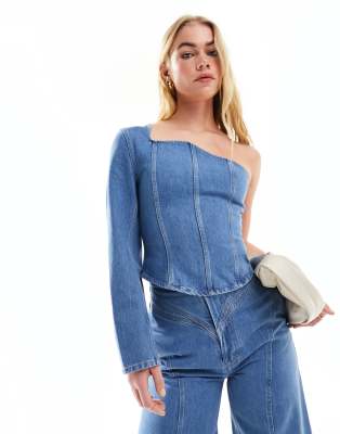 & Other Stories & Other Stories one shoulder asymmetric denim corset shirt in mid wash blue