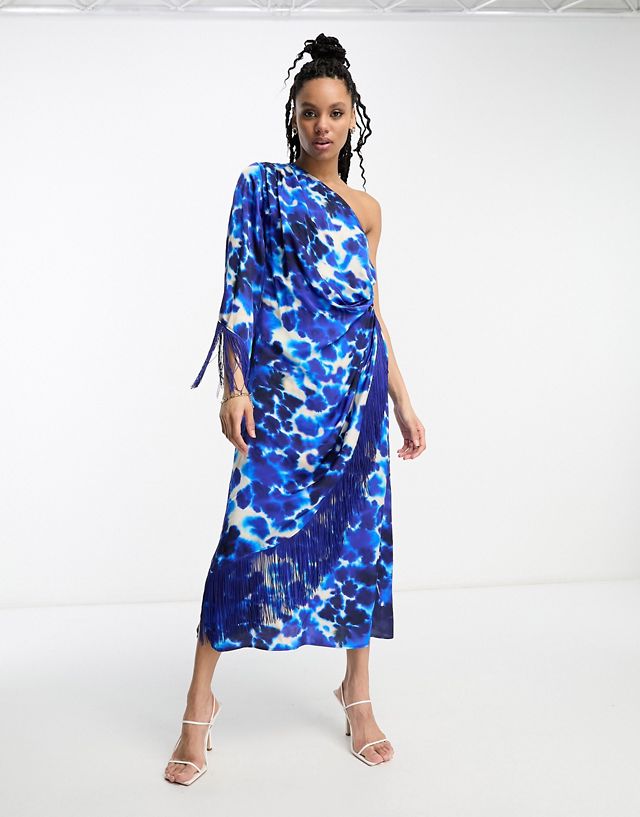 & Other Stories one shoulder fringed maxi dress in blue print