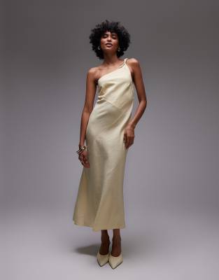 & Other Stories one shoulder linen midi dress with twisted strap detail in butter yellow - view 1