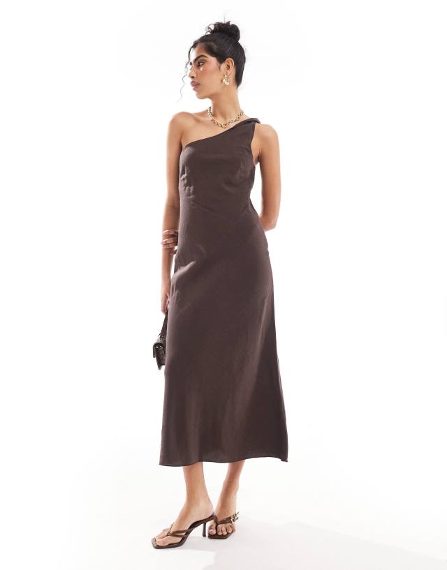 & Other Stories - one shoulder linen midi dress with twisted strap detail in dark brown