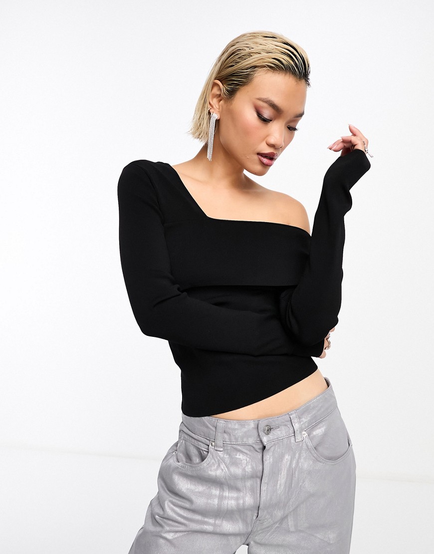 & Other Stories one shoulder long sleeve knitted top in black