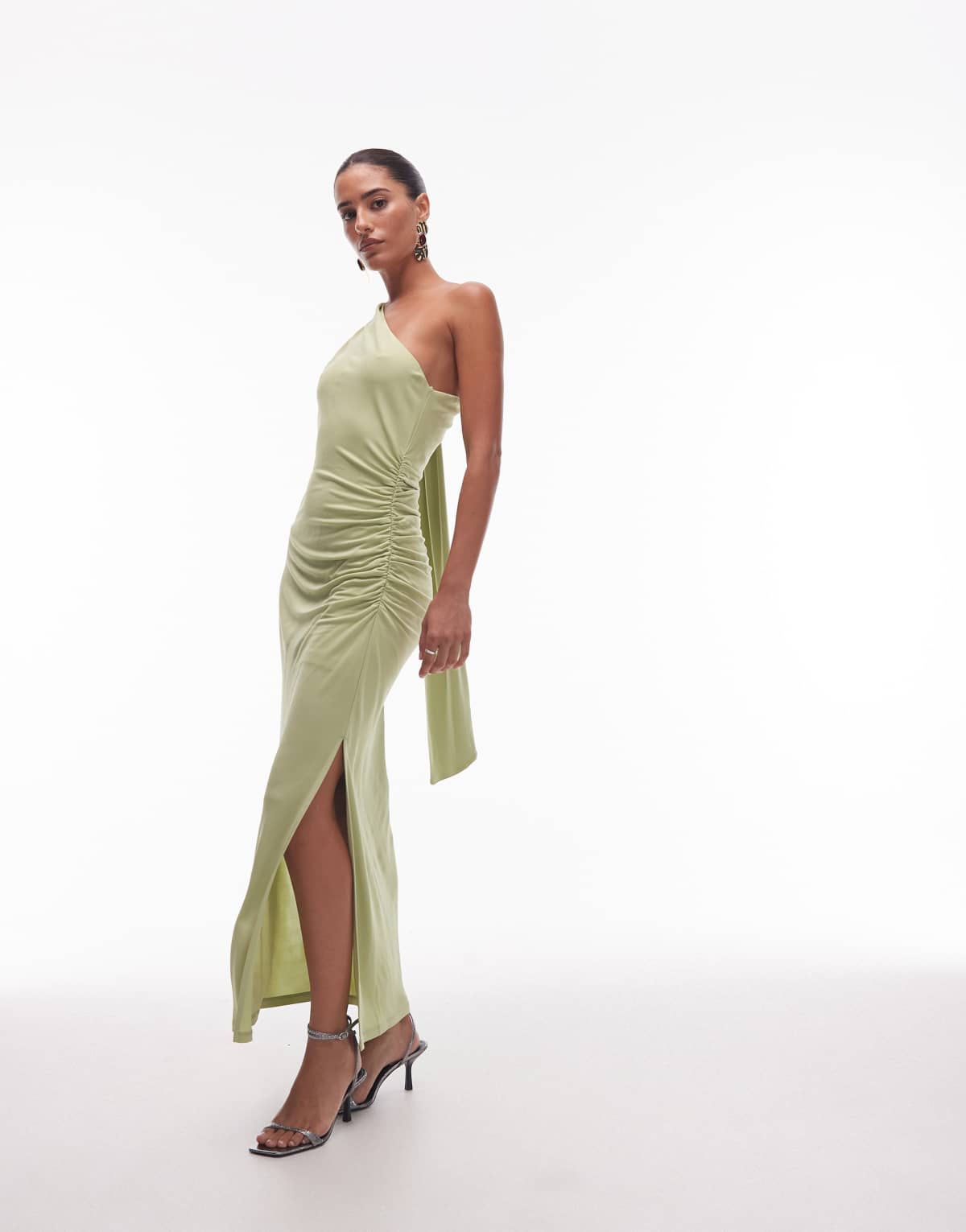 & Other Stories one shoulder midi dress with drape detail in green
