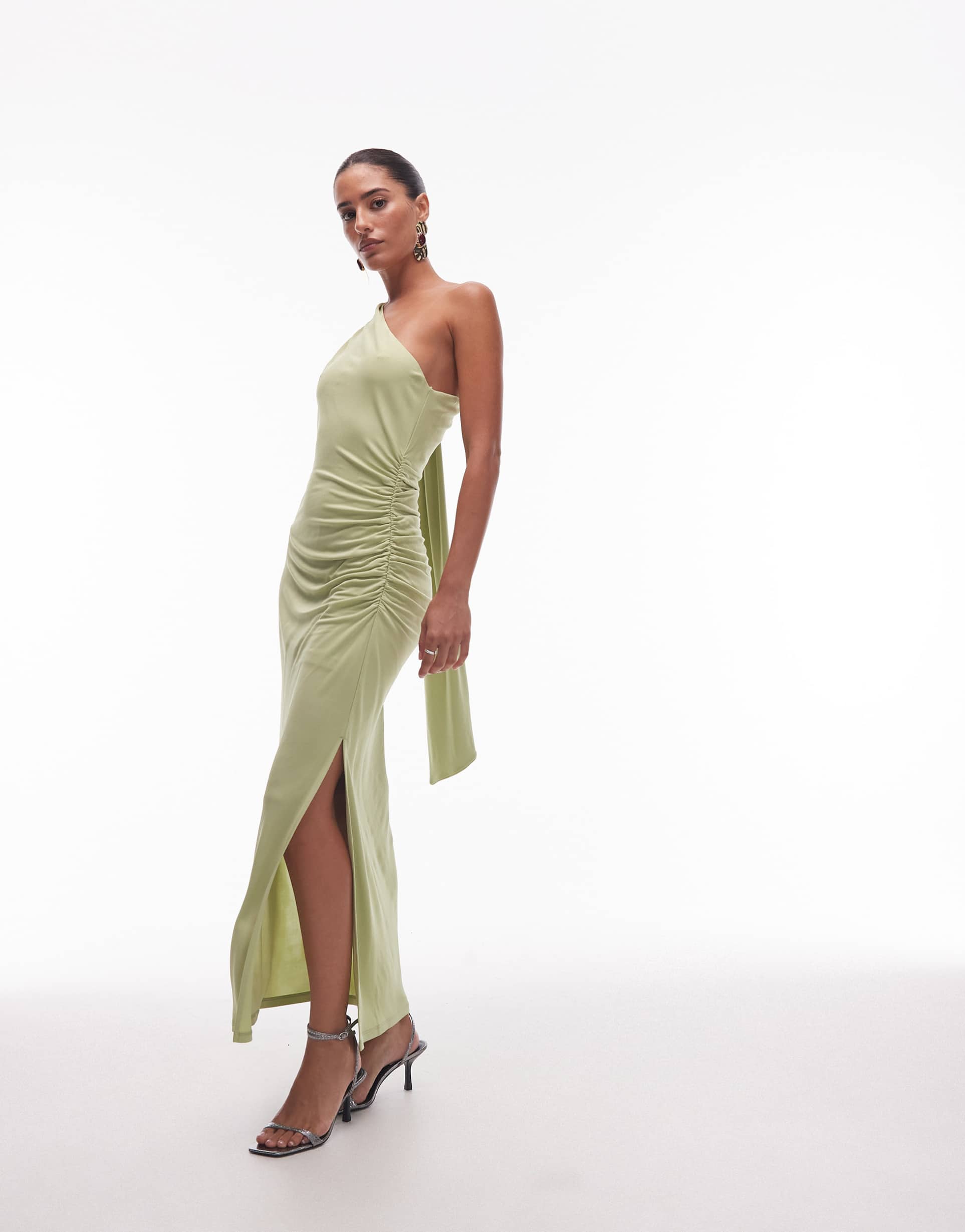 & other stories one-shoulder midi dress with drape detail in green