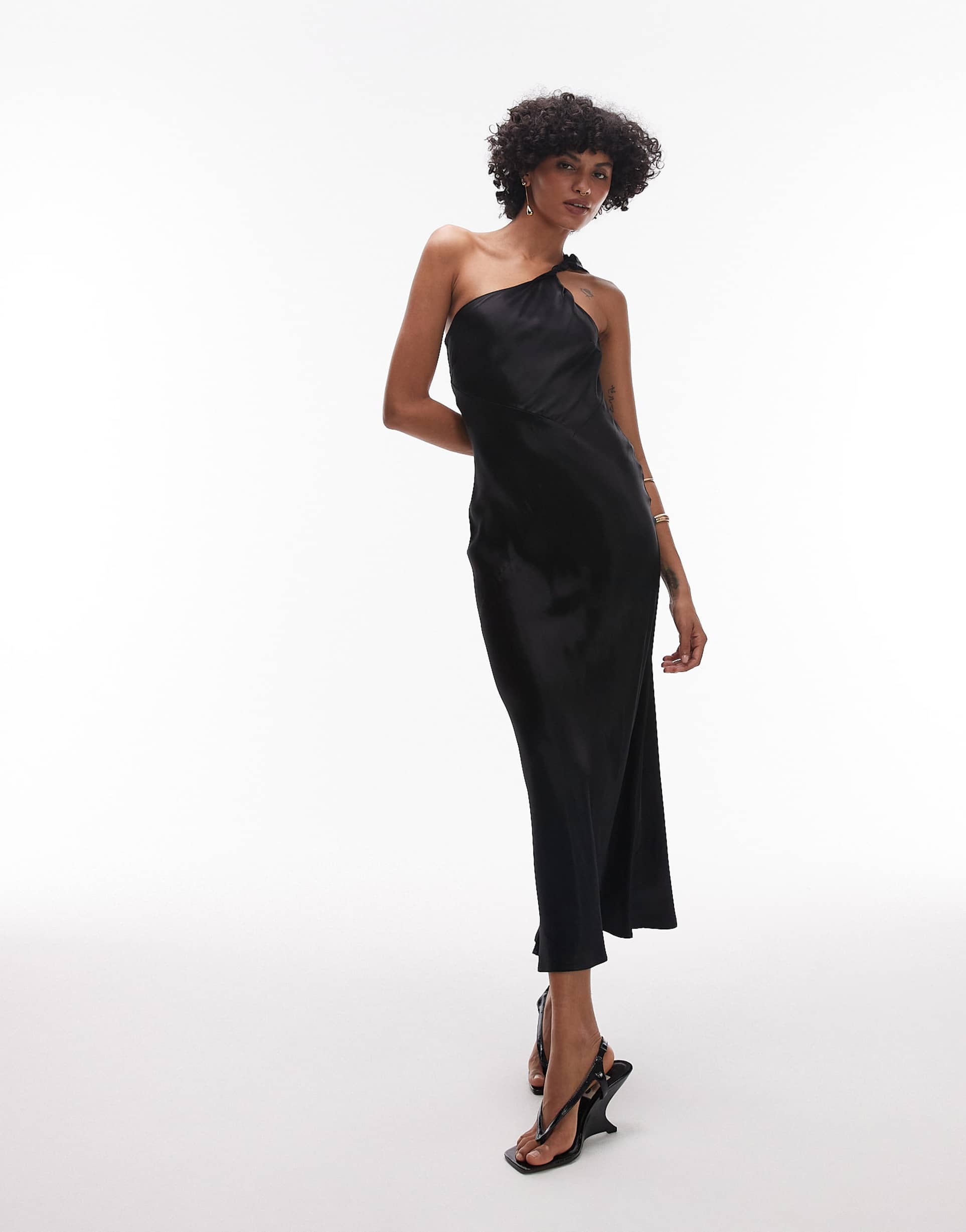 & other stories one shoulder satin midi dress with twisted strap detail in black