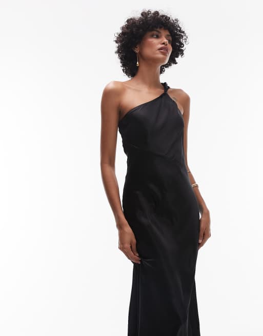 & Other Stories one shoulder satin midi dress with twisted strap detail in black, 4 of 4