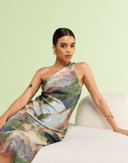 satin watercolor dress Watercolor Satin Maxi Dress with Long Sleeves and High Slit  Amanda Jean  NYC