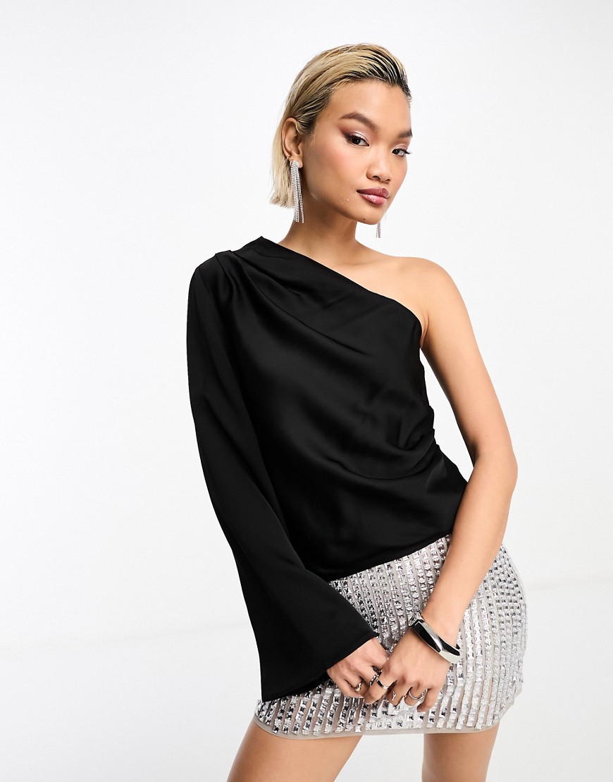 & Other Stories one shoulder top with draped tie neck and fluted sleeve in black