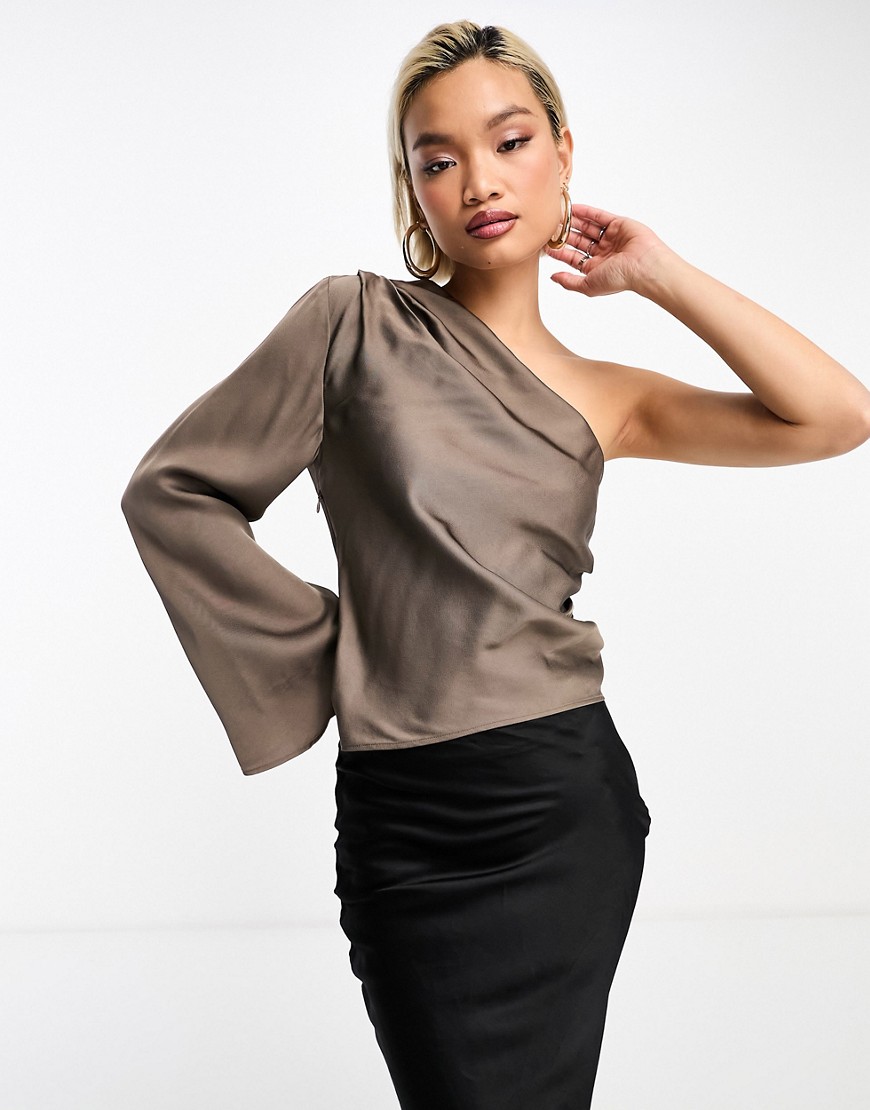 & Other Stories one shoulder top with draped tie neck and fluted sleeve in mole-Brown