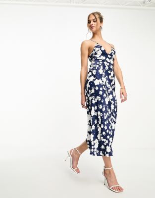 OTHER STORIES & OTHER STORIES OPEN BACK SATIN SLIP MIDI DRESS IN BLUE FLORAL