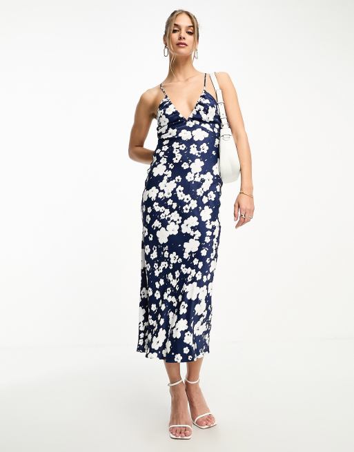 & Other Stories open back satin slip midi dress in blue floral, 3 of 4