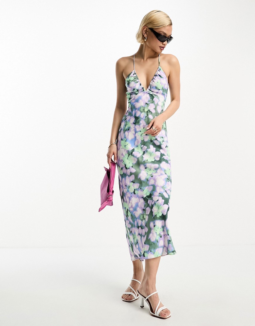 Other Stories &  Open Back Satin Slip Midi Dress In Purple Floral