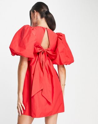 & Other Stories open back volume mini dress in red - ASOS Price Checker