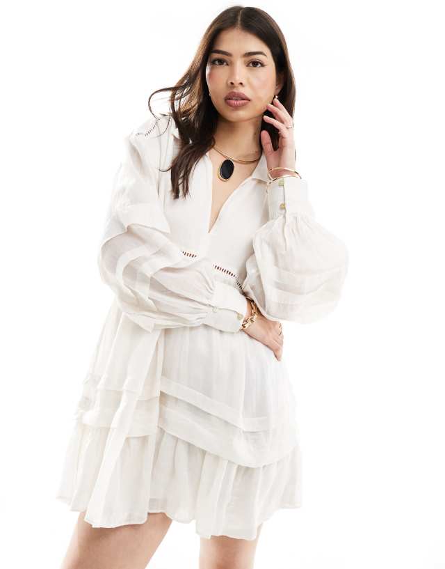 & Other Stories - open collar mini shirt dress with floaty tiered hem in white