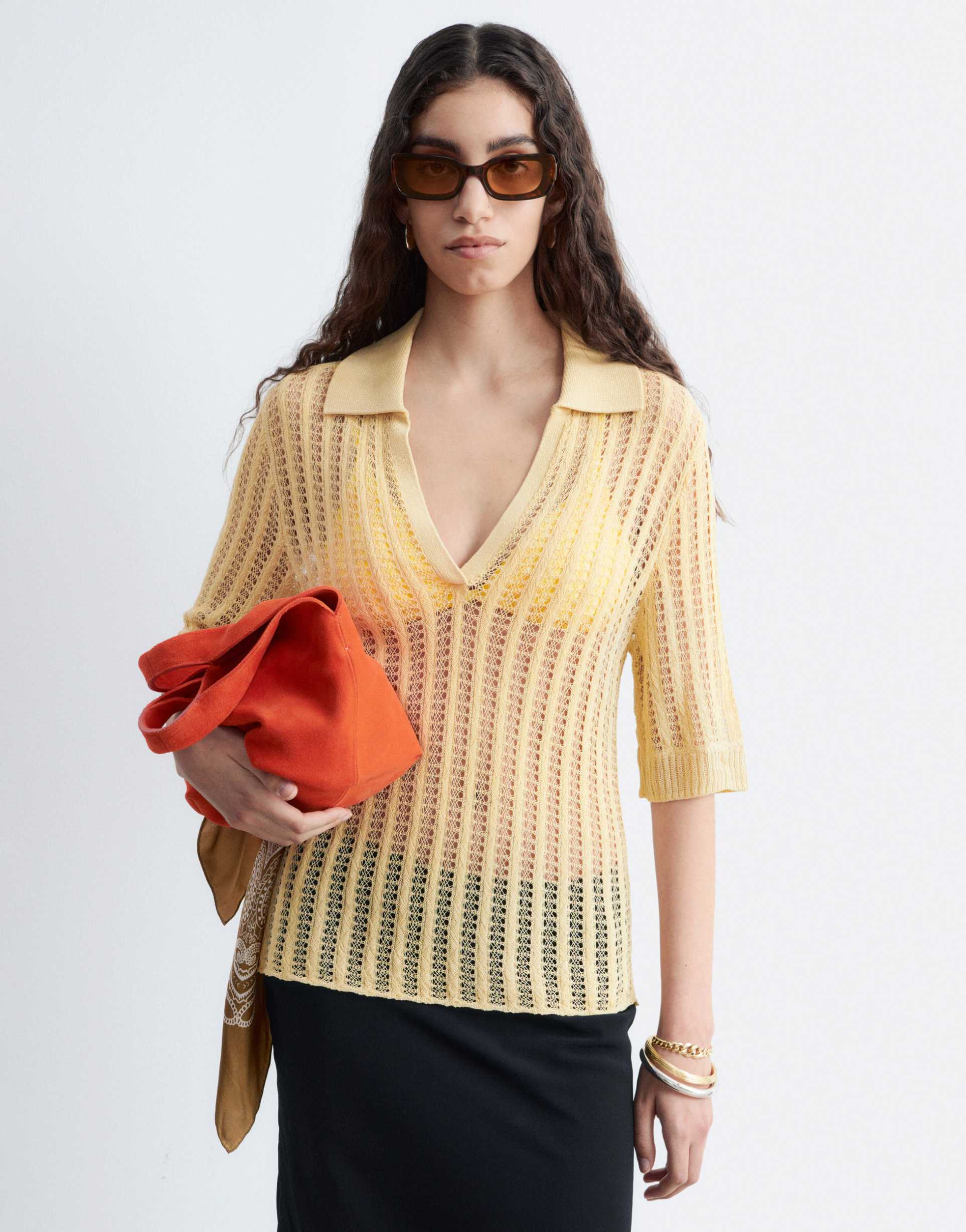 & other stories open knit crochet polo in buttermilk yellow