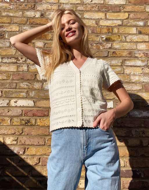 & Other Stories open knit short sleeve cardigan in cream