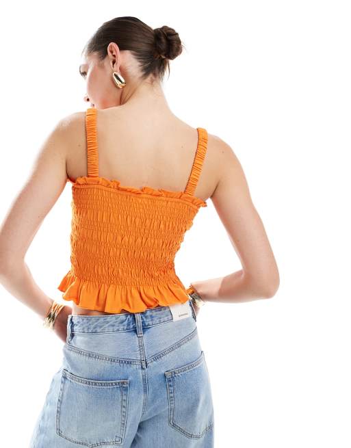 & Other Stories – Orange, smockad topp i rynkad jersey med fyrkantig ringning och peplumfåll, 3 av 4