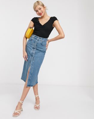 button through denim skirt