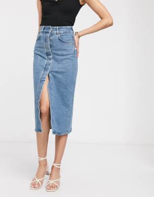 fitted denim midi skirt