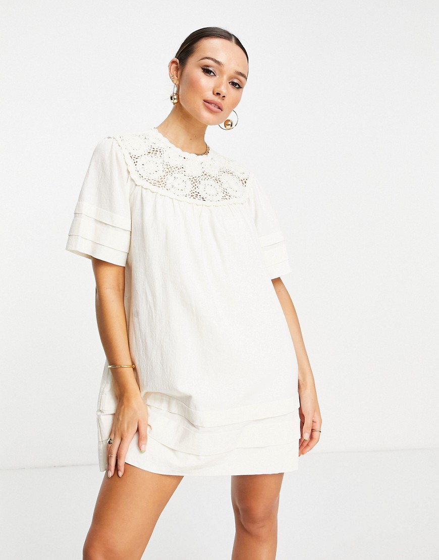 & Other Stories organic cotton crochet and pleat detail mini dress in off white