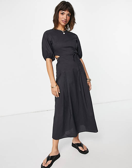 & Other Stories cotton cut out waist midi dress in washed black - BLACK
