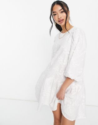 & Other Stories cotton embroidered smock mini dress in white - WHITE