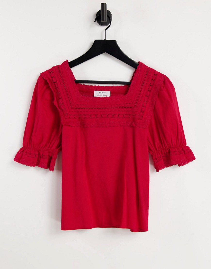 & Other Stories organic cotton eyelet detail blouse in red