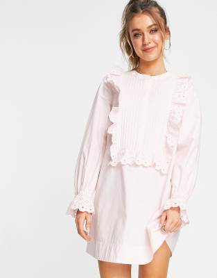 Other Stories & Organic Cotton Frill Embroidered Mini Dress In Pastel Pink  | ModeSens