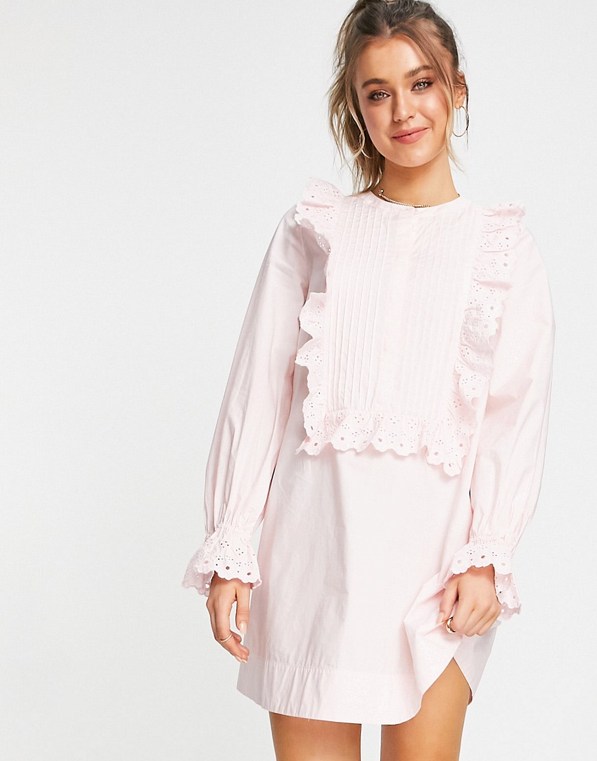 & Other Stories organic cotton frill embroidered mini dress in pastel pink