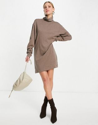 & Other Stories cotton high neck jersey mini dress in mole - BEIGE