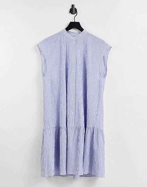 & Other Stories cotton linen stripe print mini dress in blue - LBLUE