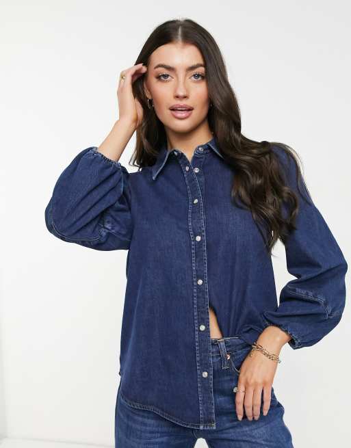 & Other Stories organic cotton puff sleeve denim shirt in blue