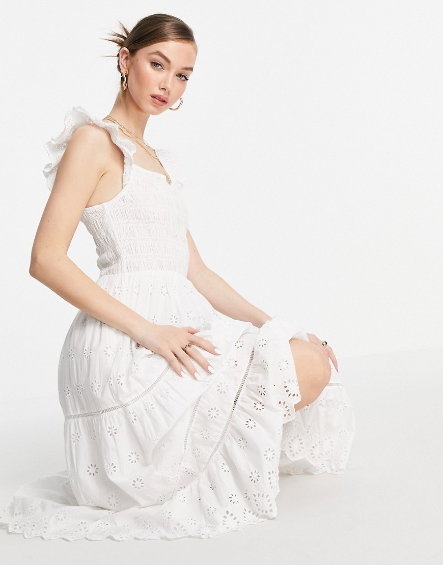 & Other Stories organic cotton shirred eyelet midi dress in white