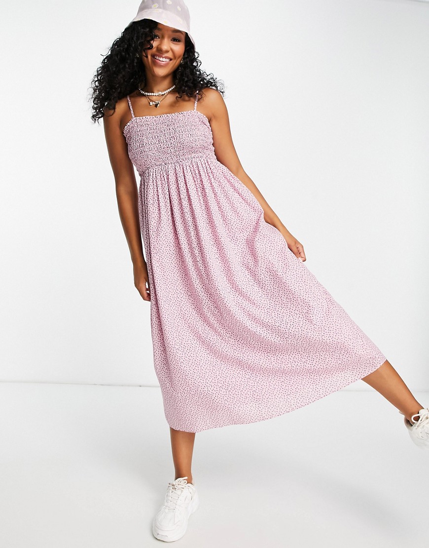 & Other Stories organic cotton shirred midi dress in pink floral