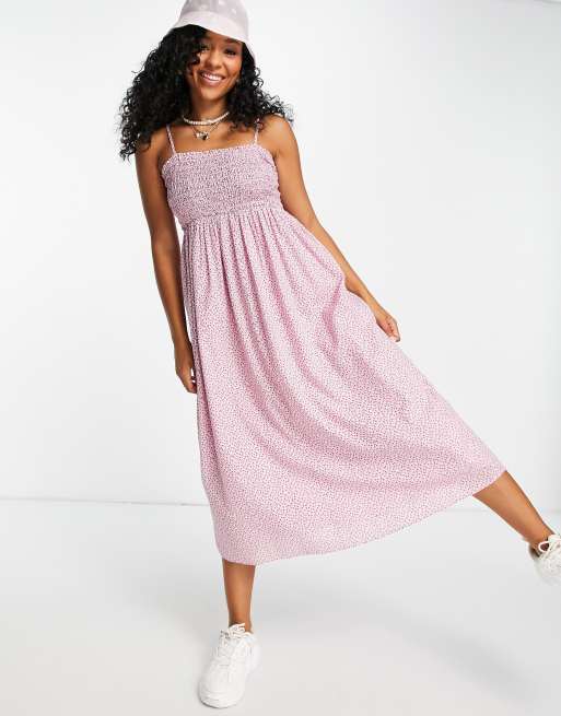 And Other Stories Organic Cotton Shirred Midi Dress In Pink Floral Asos