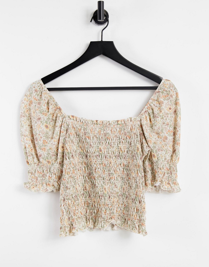 & Other Stories organic cotton shirred puff sleeve top in beige floral-Multi