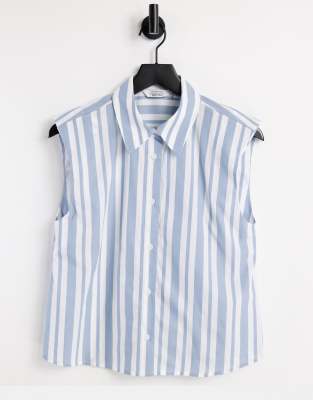 blue and white striped sleeveless shirt